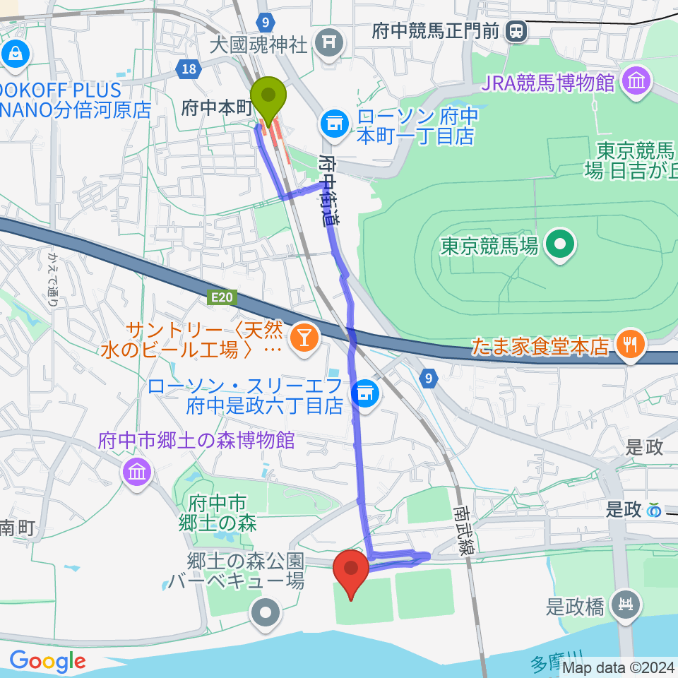 府中本町駅から郷土の森サッカー場へのルートマップ地図