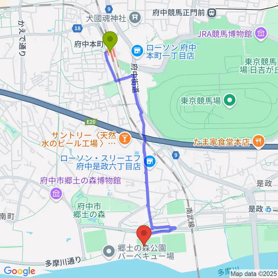 府中本町駅から郷土の森サッカー場へのルートマップ地図