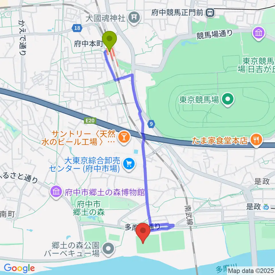 府中本町駅から郷土の森サッカー場へのルートマップ地図