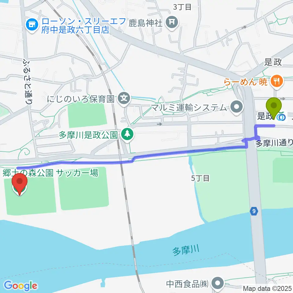 郷土の森サッカー場の最寄駅是政駅からの徒歩ルート（約14分）地図