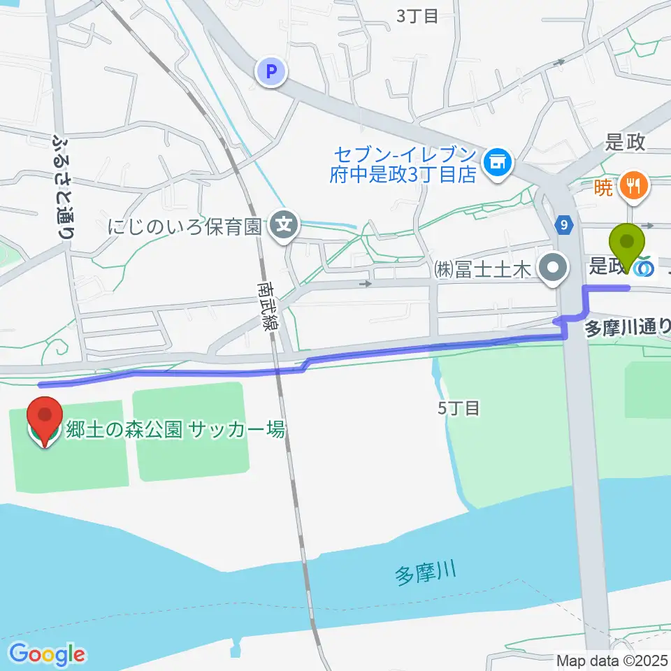 郷土の森サッカー場の最寄駅是政駅からの徒歩ルート（約14分）地図