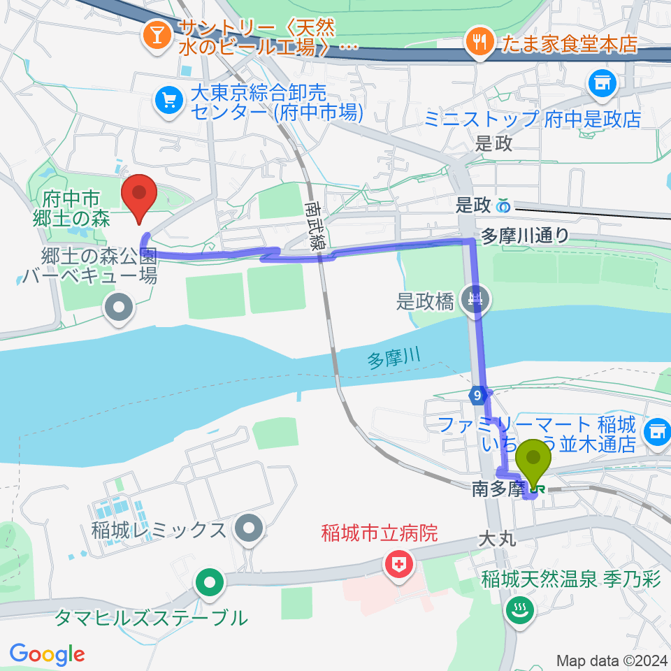 南多摩駅から郷土の森総合体育館へのルートマップ地図