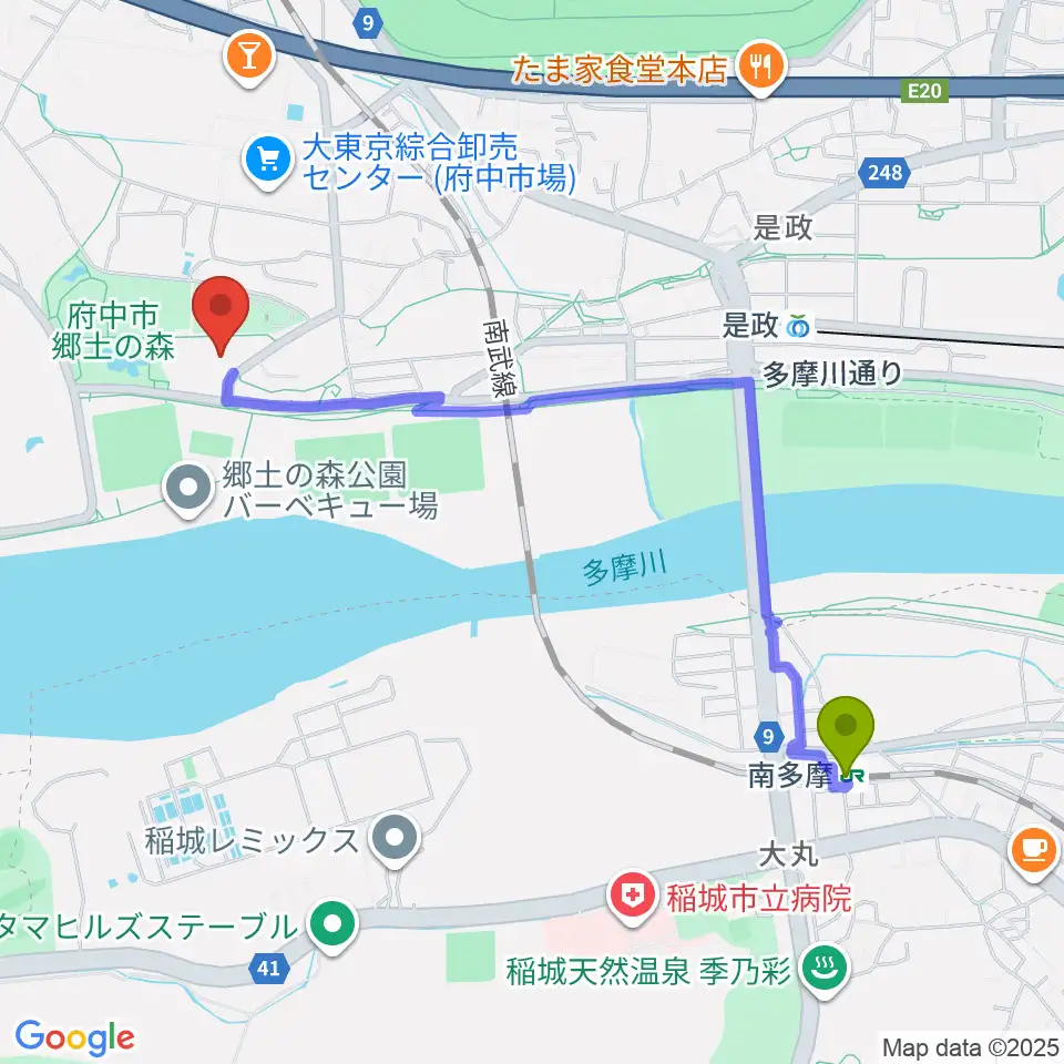 南多摩駅から郷土の森総合体育館へのルートマップ地図