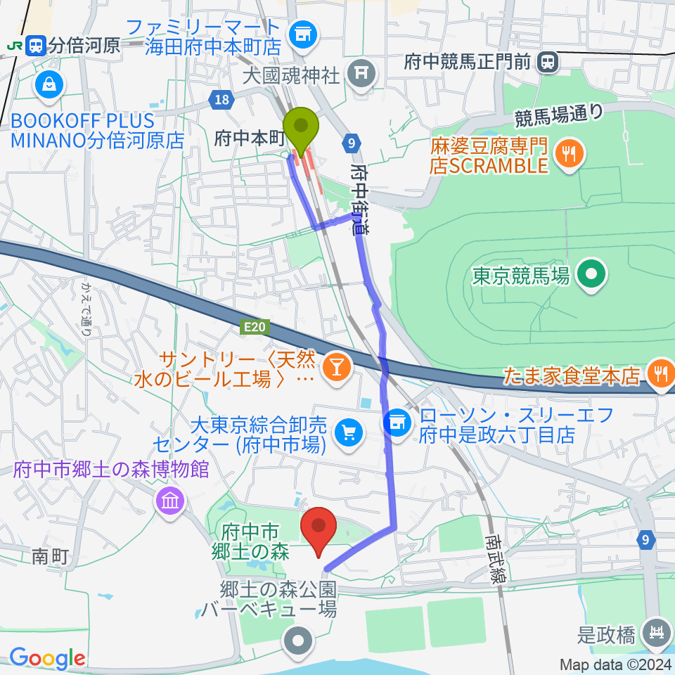 府中本町駅から郷土の森総合体育館へのルートマップ地図