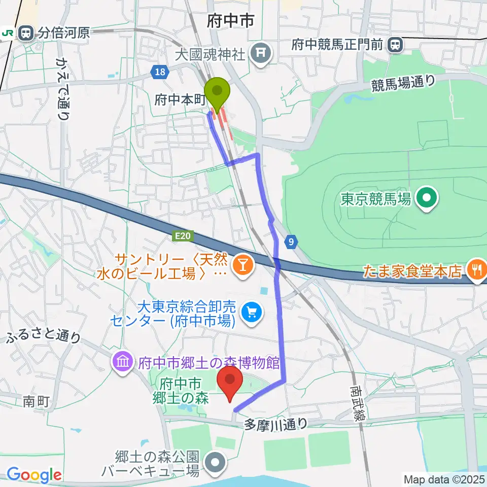 府中本町駅から郷土の森総合体育館へのルートマップ地図