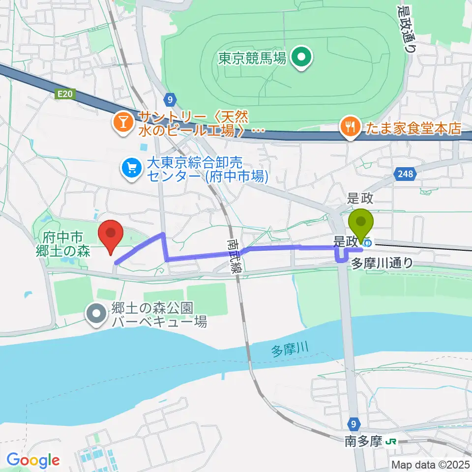 郷土の森総合体育館の最寄駅是政駅からの徒歩ルート（約16分）地図