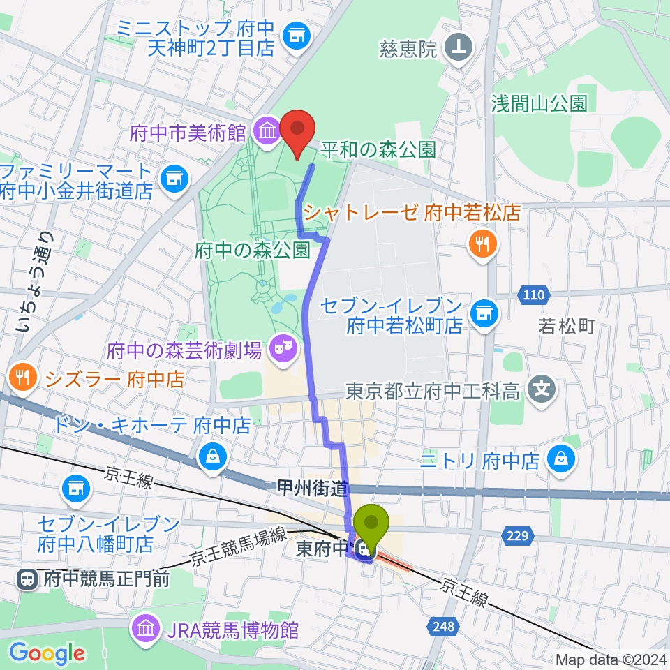 府中の森公園小野球場の最寄駅東府中駅からの徒歩ルート（約19分）地図