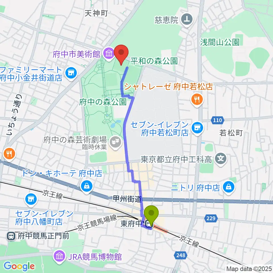 府中の森公園小野球場の最寄駅東府中駅からの徒歩ルート（約19分）地図