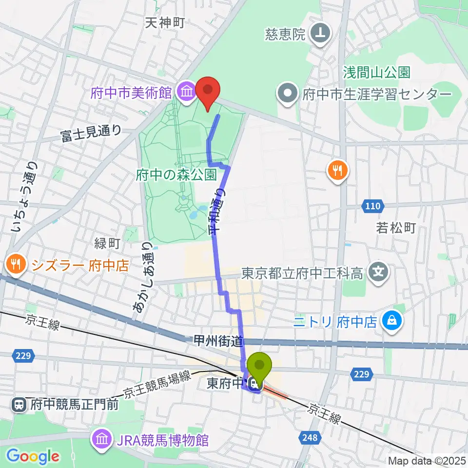 府中の森公園小野球場の最寄駅東府中駅からの徒歩ルート（約19分）地図