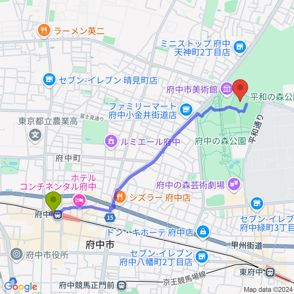 府中駅から府中の森公園小野球場へのルートマップ地図