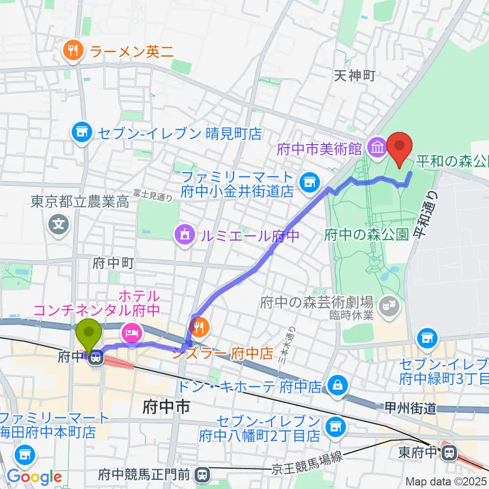 府中駅から府中の森公園小野球場へのルートマップ地図