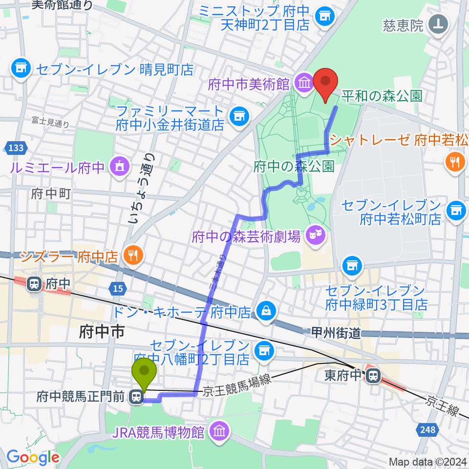 府中競馬正門前駅から府中の森公園小野球場へのルートマップ地図