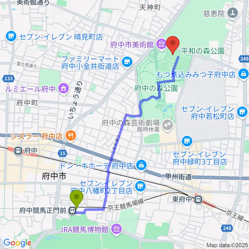 府中競馬正門前駅から府中の森公園小野球場へのルートマップ地図