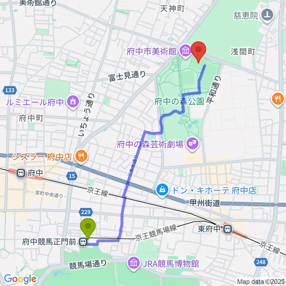 府中競馬正門前駅から府中の森公園小野球場へのルートマップ地図
