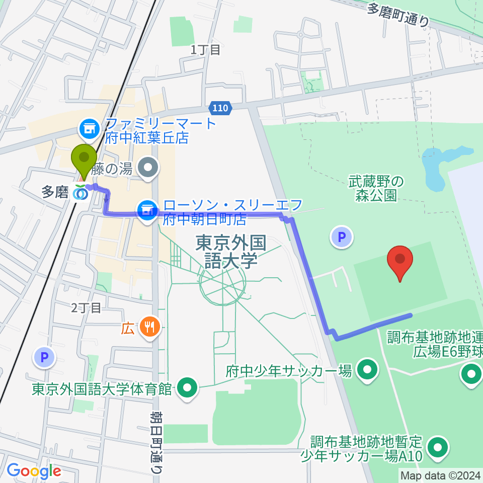 府中朝日フットボールパークの最寄駅多磨駅からの徒歩ルート（約11分）地図