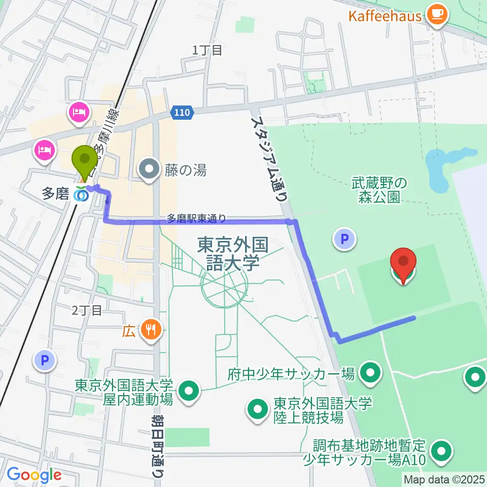 府中朝日フットボールパークの最寄駅多磨駅からの徒歩ルート（約11分）地図