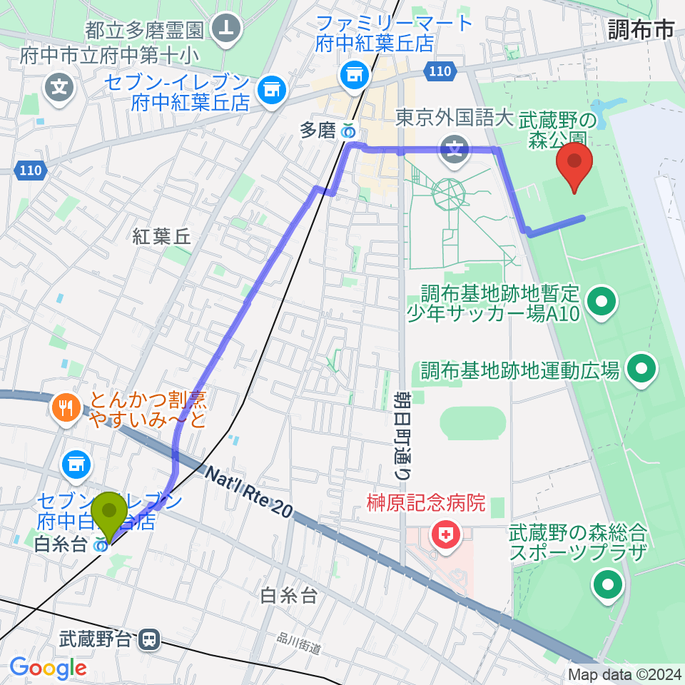 白糸台駅から府中朝日フットボールパークへのルートマップ地図