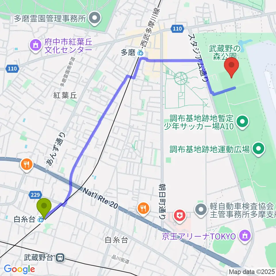白糸台駅から府中朝日フットボールパークへのルートマップ地図
