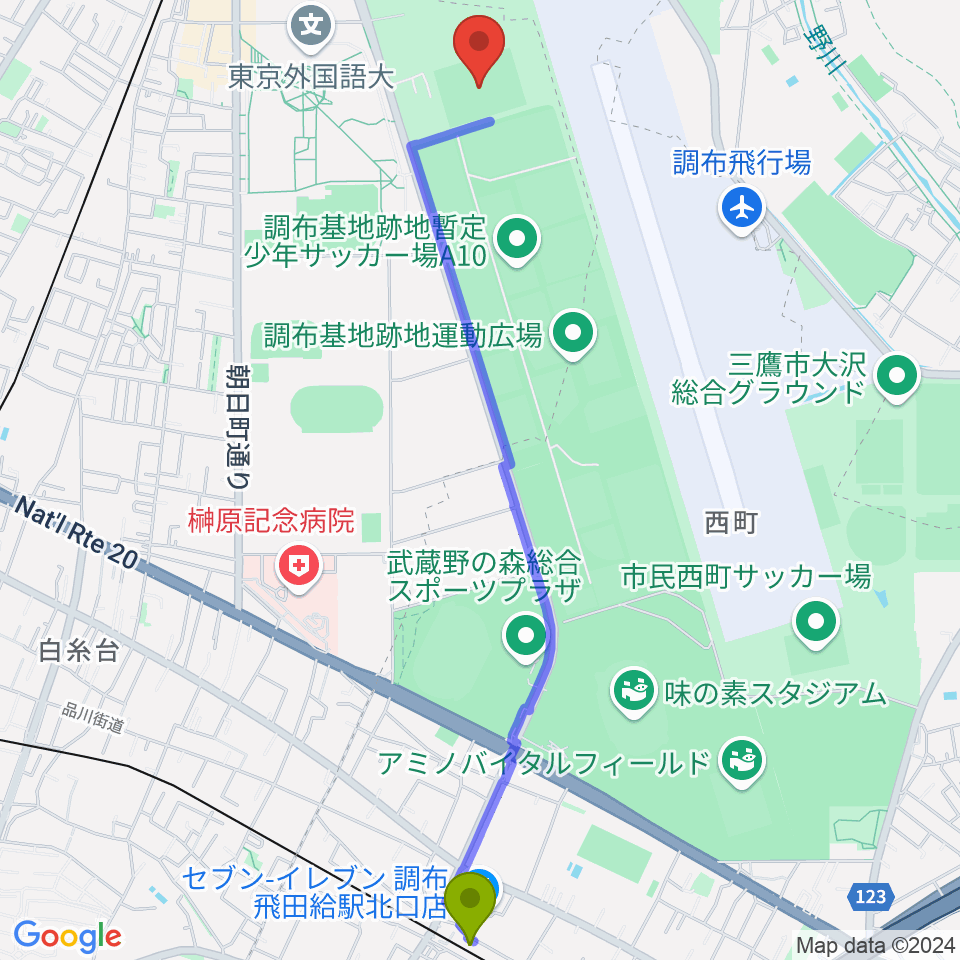 飛田給駅から府中朝日フットボールパークへのルートマップ地図