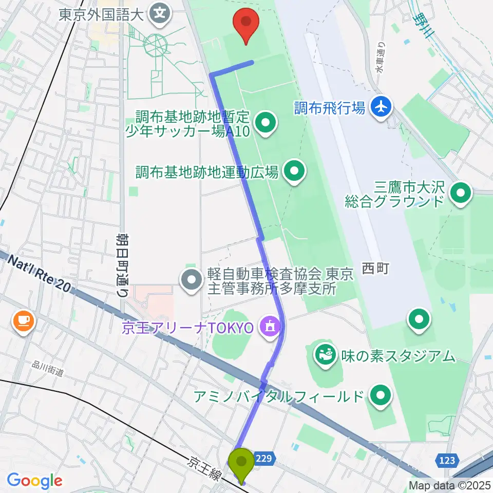 飛田給駅から府中朝日フットボールパークへのルートマップ地図