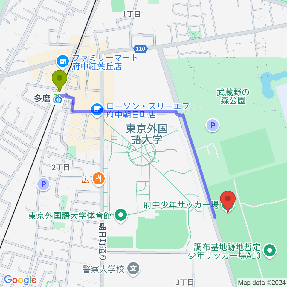 調布基地跡地暫定少年サッカー場の最寄駅多磨駅からの徒歩ルート（約11分）地図