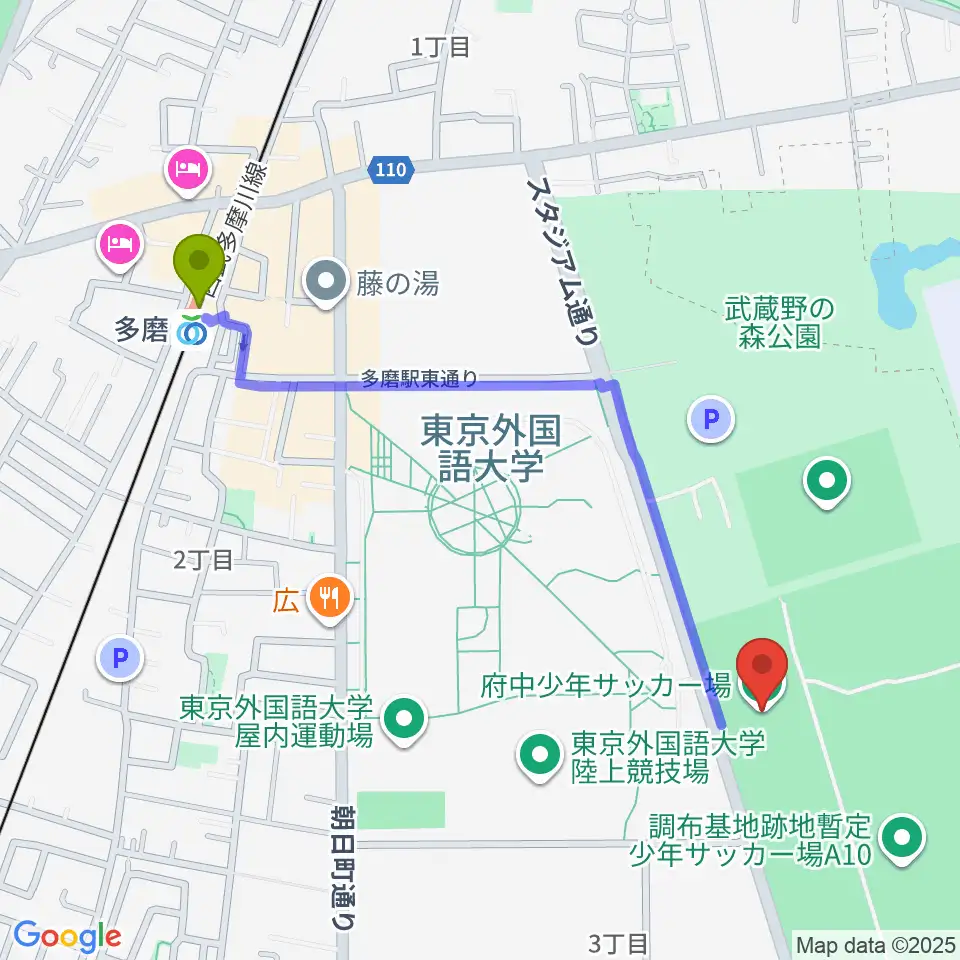 調布基地跡地暫定少年サッカー場の最寄駅多磨駅からの徒歩ルート（約11分）地図