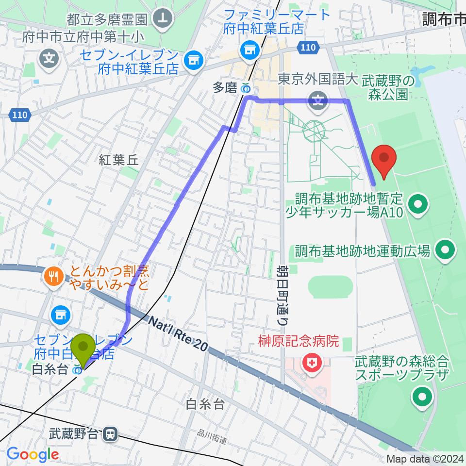 白糸台駅から調布基地跡地暫定少年サッカー場へのルートマップ地図