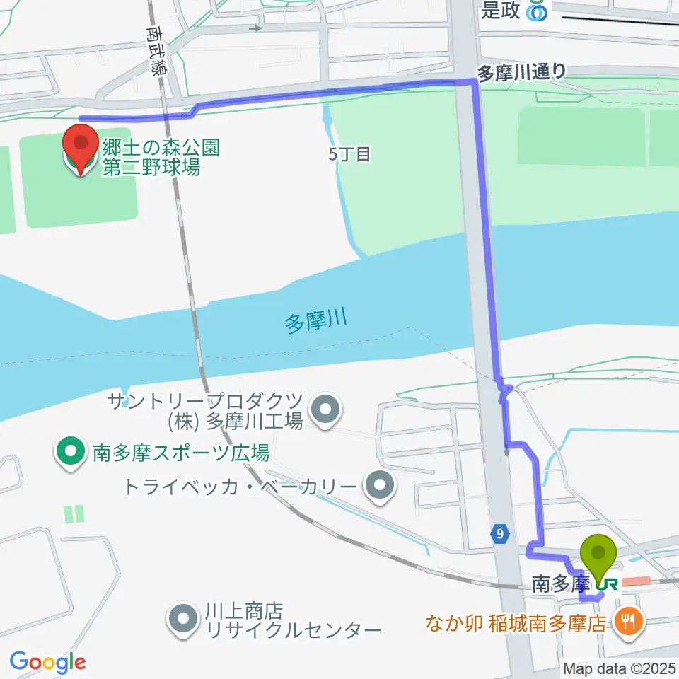 南多摩駅から郷土の森第二野球場へのルートマップ地図