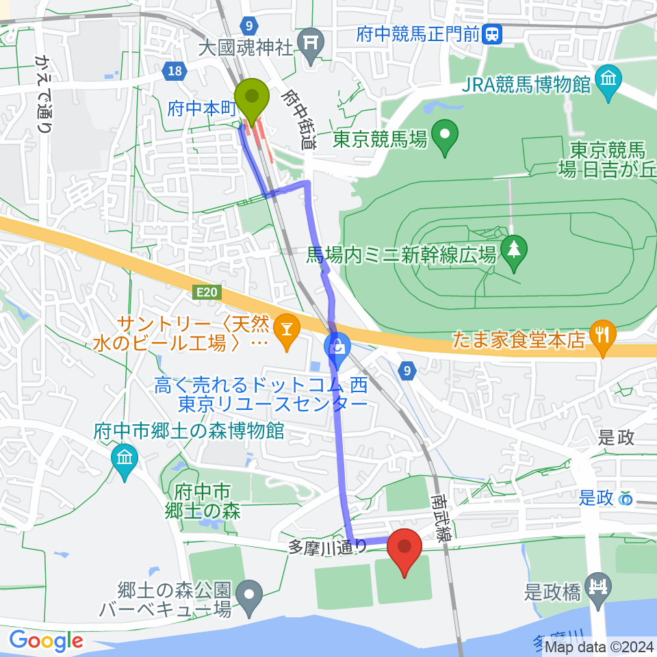 府中本町駅から郷土の森第二野球場へのルートマップ地図