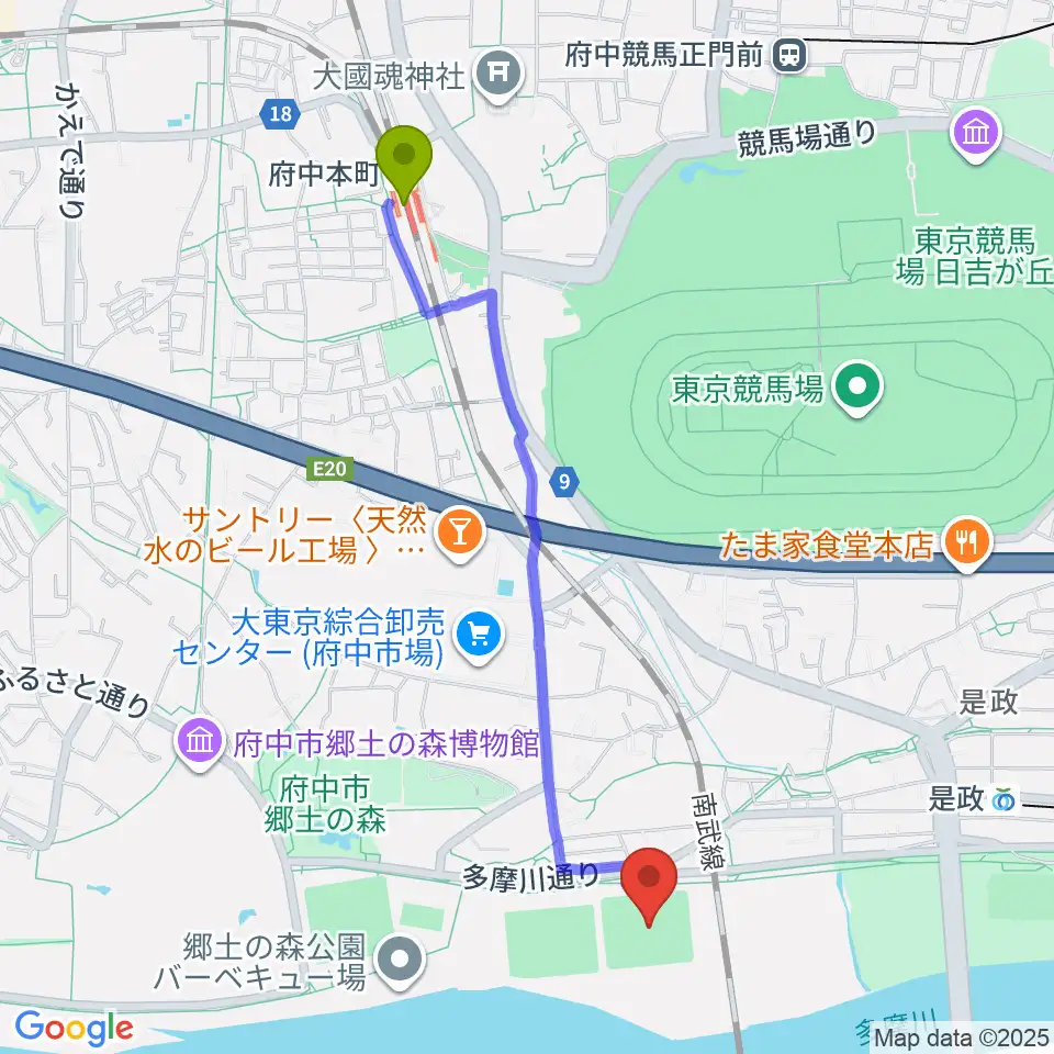 府中本町駅から郷土の森第二野球場へのルートマップ地図