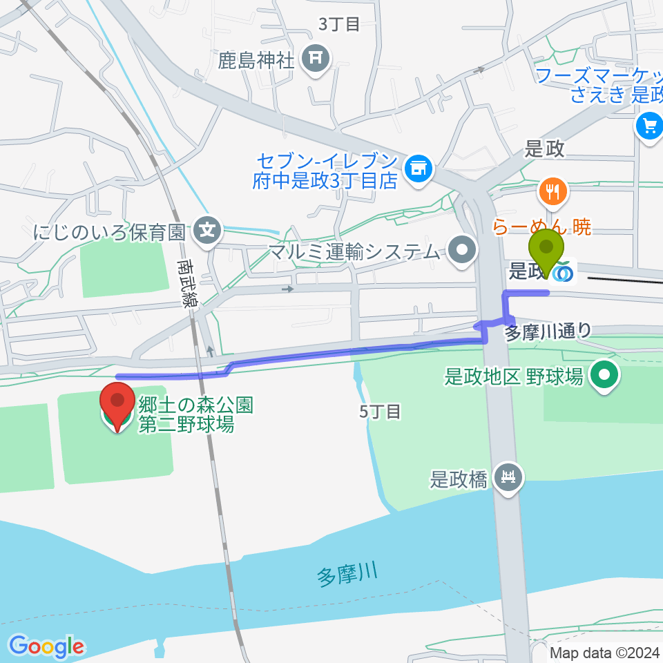 郷土の森第二野球場の最寄駅是政駅からの徒歩ルート（約11分）地図