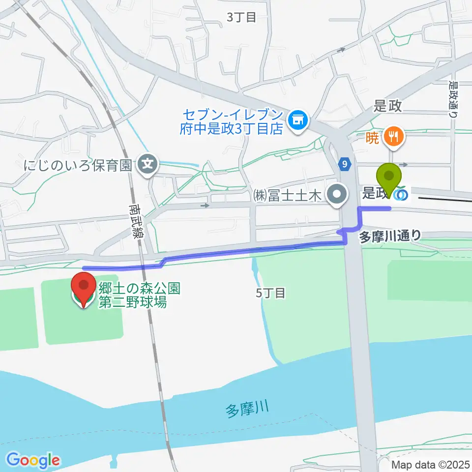 郷土の森第二野球場の最寄駅是政駅からの徒歩ルート（約11分）地図