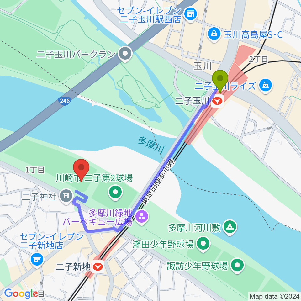 二子玉川駅から川崎市二子球場へのルートマップ地図