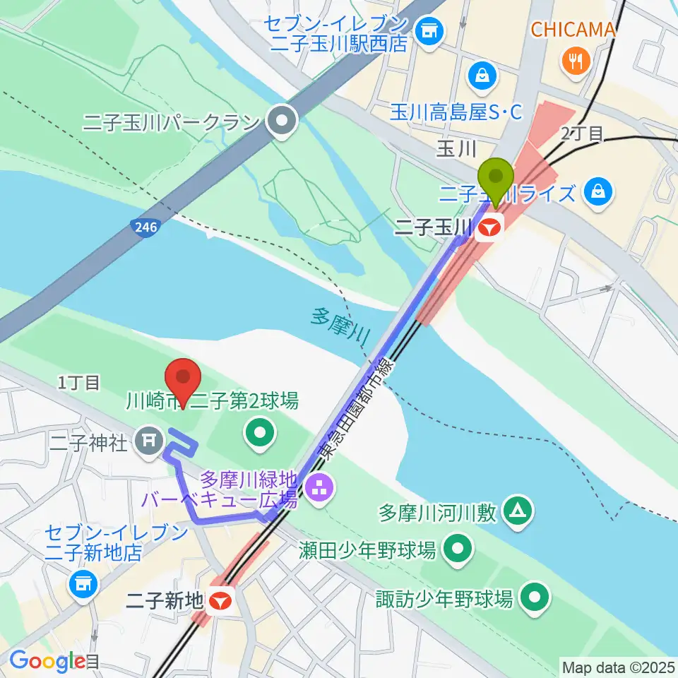 二子玉川駅から川崎市二子球場へのルートマップ地図