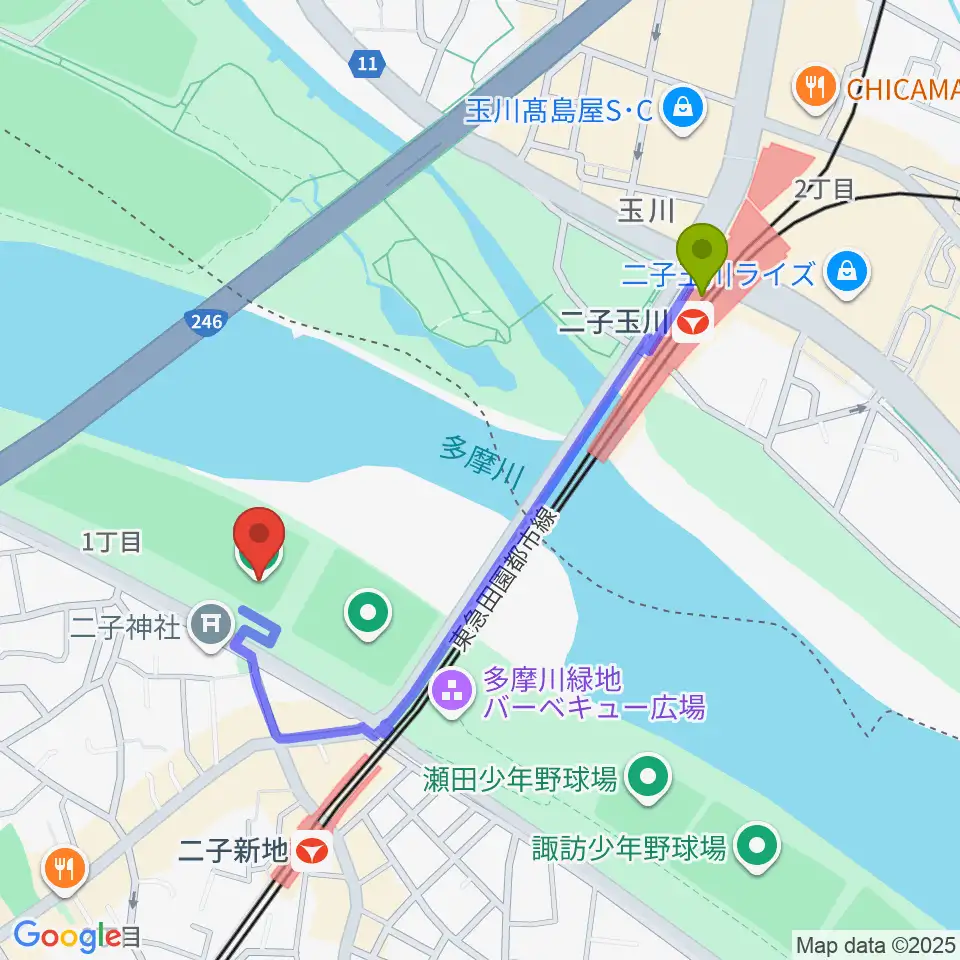 二子玉川駅から川崎市二子球場へのルートマップ地図