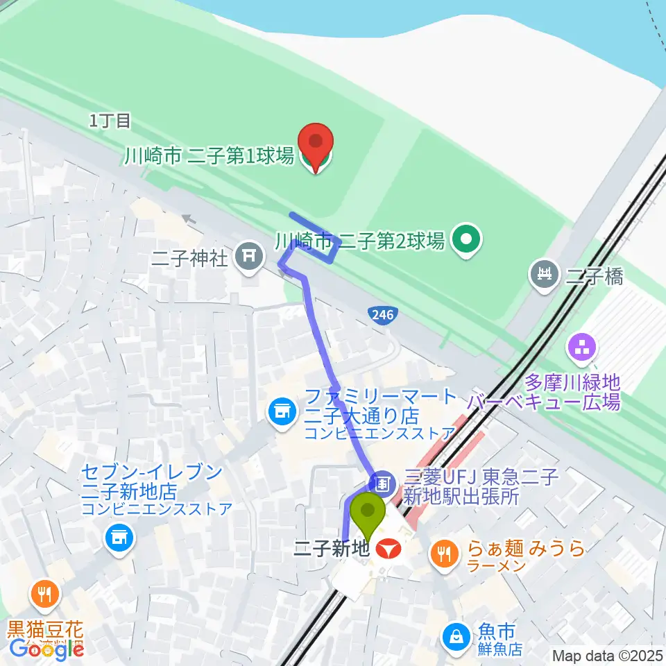 川崎市二子球場の最寄駅二子新地駅からの徒歩ルート（約4分）地図