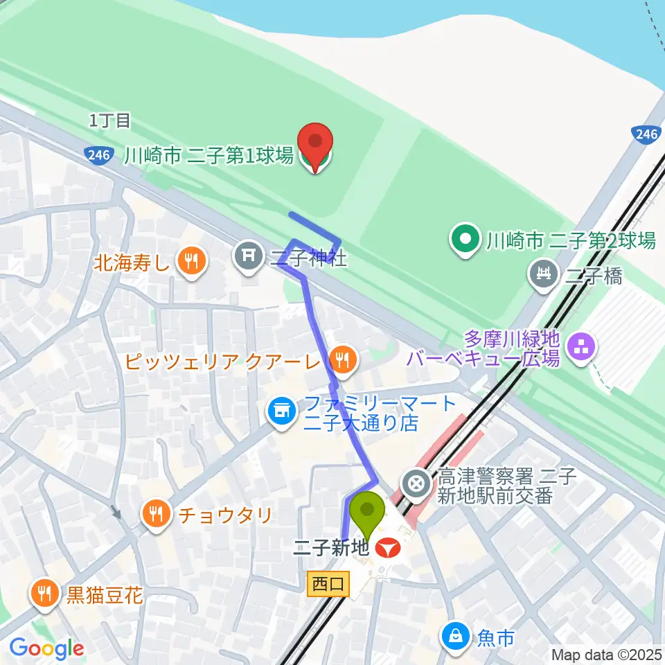 川崎市二子球場の最寄駅二子新地駅からの徒歩ルート（約4分）地図