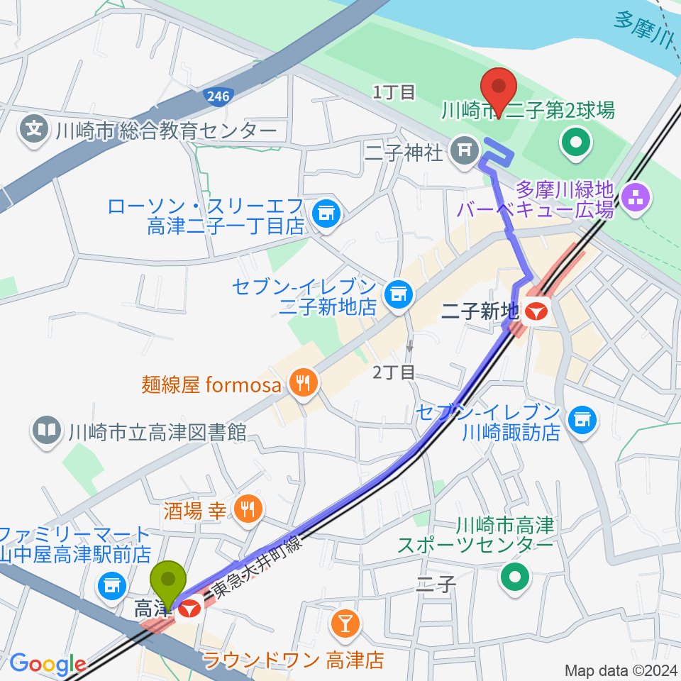 高津駅から川崎市二子球場へのルートマップ地図