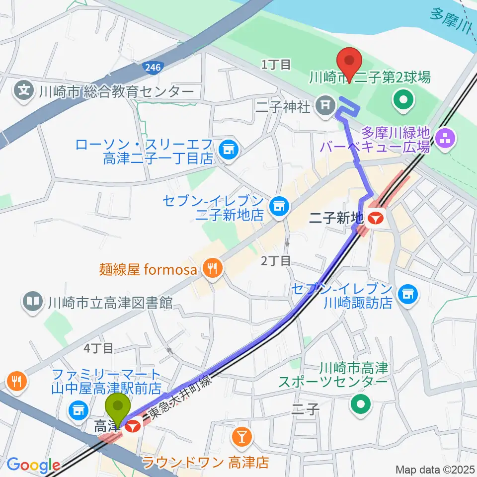 高津駅から川崎市二子球場へのルートマップ地図