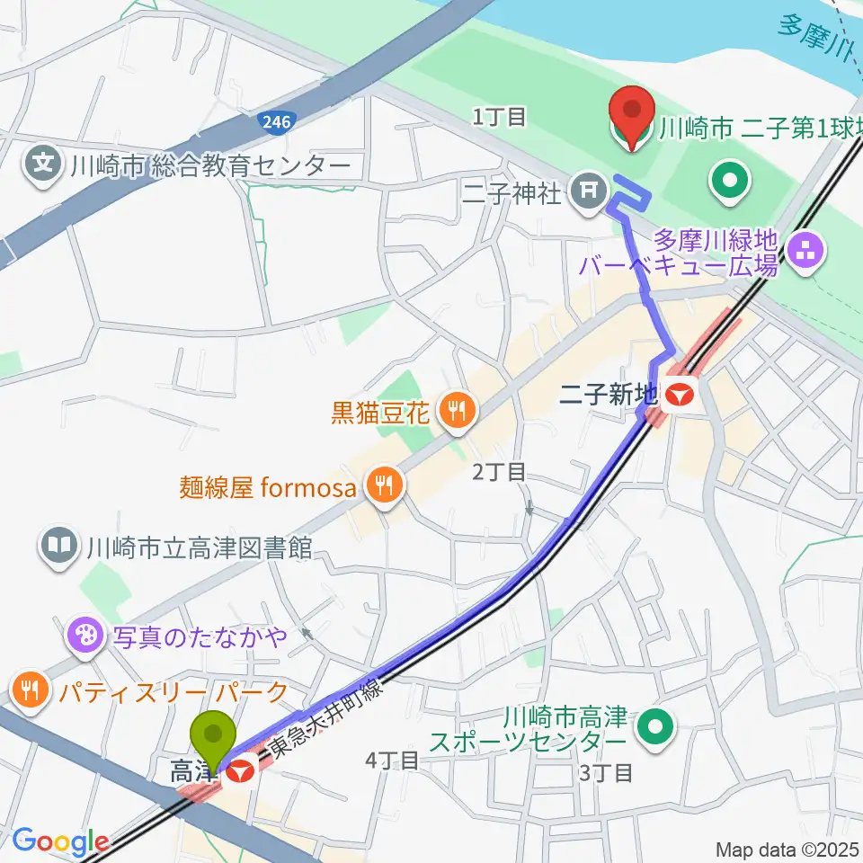 高津駅から川崎市二子球場へのルートマップ地図