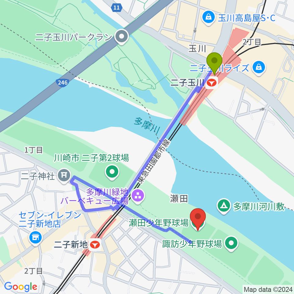 二子玉川駅から瀬田少年野球場へのルートマップ地図