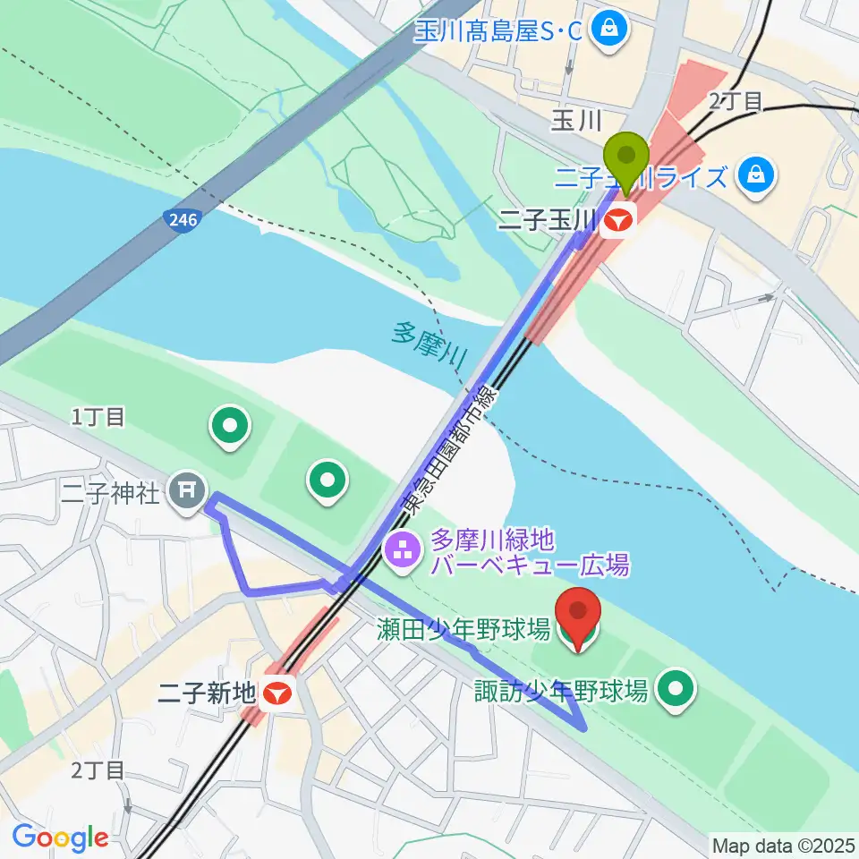 二子玉川駅から瀬田少年野球場へのルートマップ地図