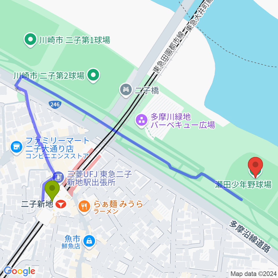 瀬田少年野球場の最寄駅二子新地駅からの徒歩ルート（約6分）地図