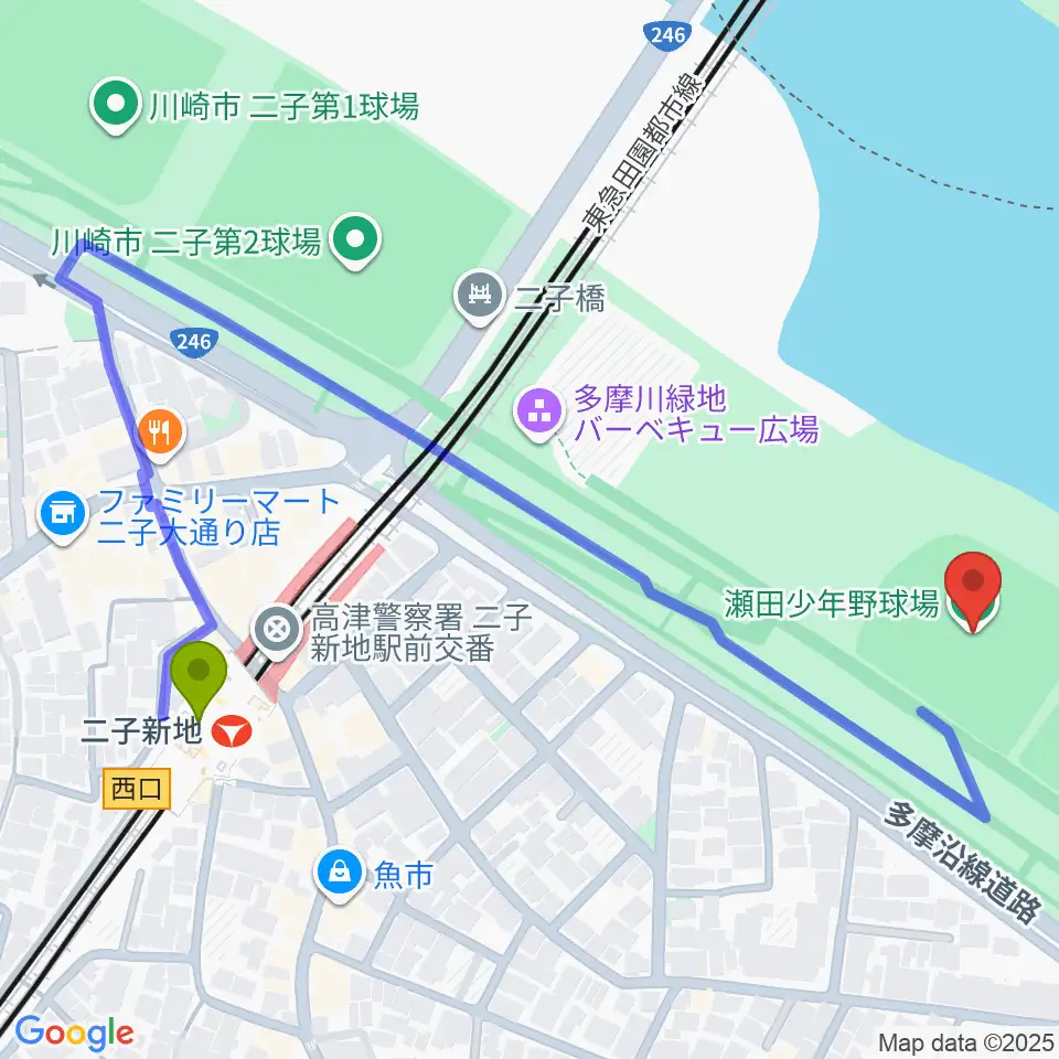 瀬田少年野球場の最寄駅二子新地駅からの徒歩ルート（約6分）地図