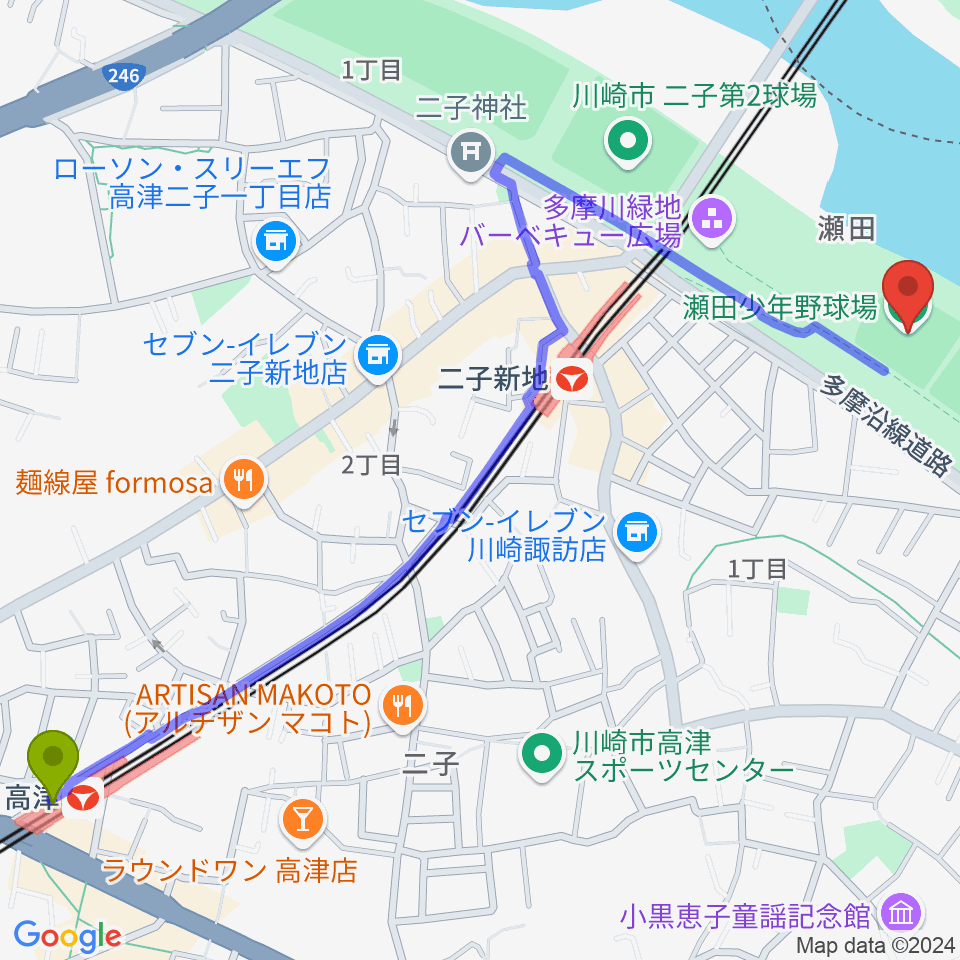 高津駅から瀬田少年野球場へのルートマップ地図