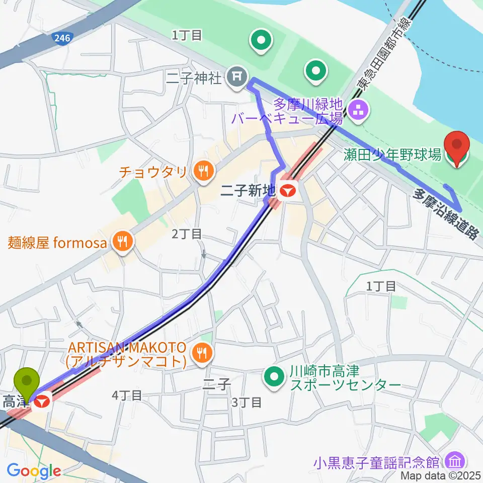 高津駅から瀬田少年野球場へのルートマップ地図