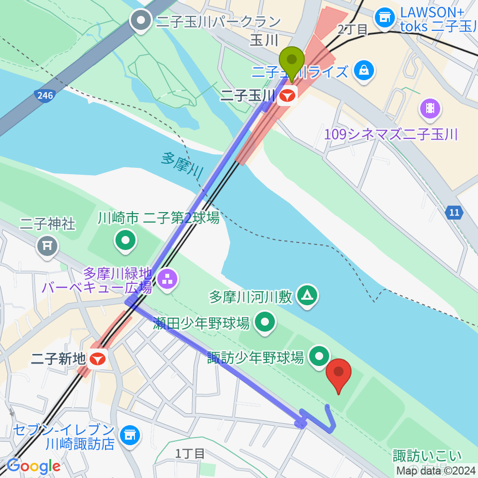 二子玉川駅から諏訪球場へのルートマップ地図