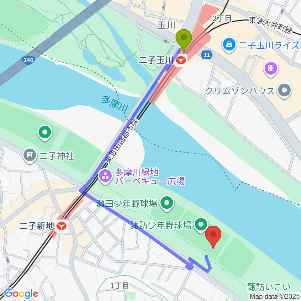 二子玉川駅から諏訪球場へのルートマップ地図