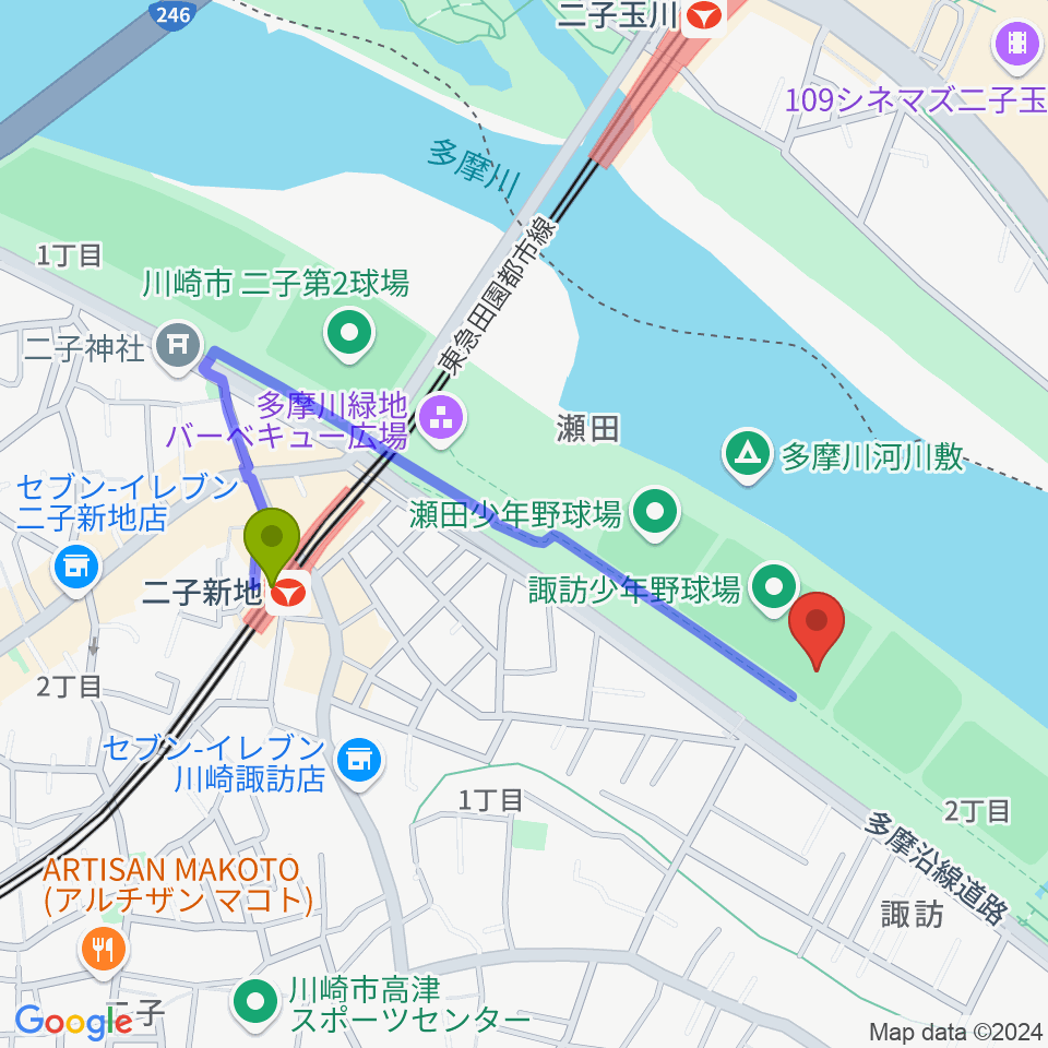 諏訪球場の最寄駅二子新地駅からの徒歩ルート（約8分）地図