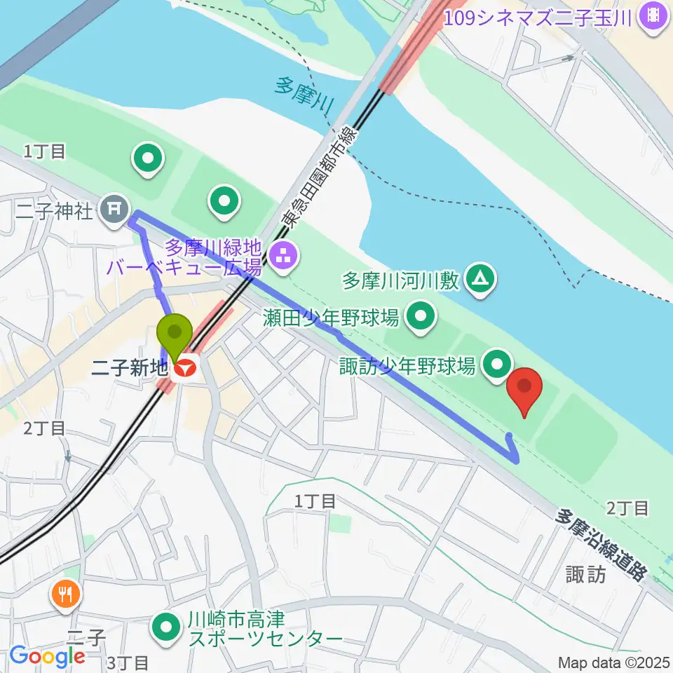 諏訪球場の最寄駅二子新地駅からの徒歩ルート（約8分）地図